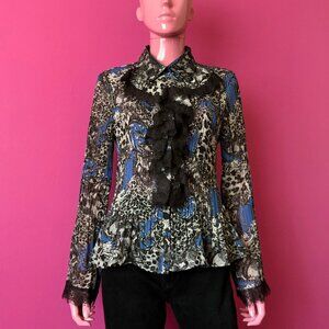 Vintage Y2K L Chiffon Blouse Sunny Leigh Black Lace Ruffle Jabot Whimsigoth Top